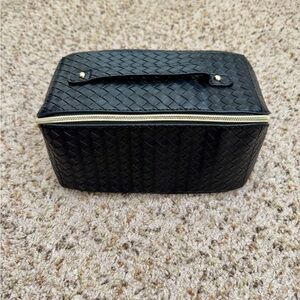 Black Woven Cosmetic Train Case with Gold Zipper
